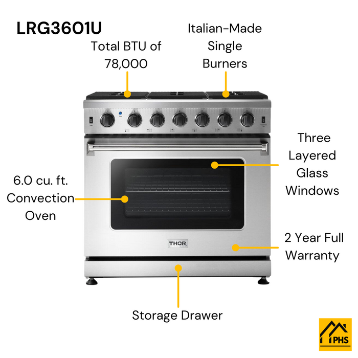 Thor Kitchen 36 in. 6.0 Cu. Ft Professional Natural Gas Range in Stainless Steel, LRG3601U