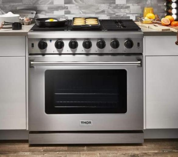 Thor Kitchen Package - 36" Propane Gas Range, Range Hood, Microwave, Refrigerator, Dishwasher, Wine Cooler, AP-LRG3601ULP-8