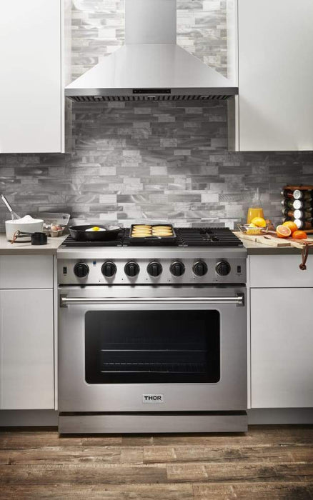 Thor Kitchen Package - 36" Propane Gas Range, Range Hood, Microwave, Refrigerator, Dishwasher, Wine Cooler, AP-LRG3601ULP-8