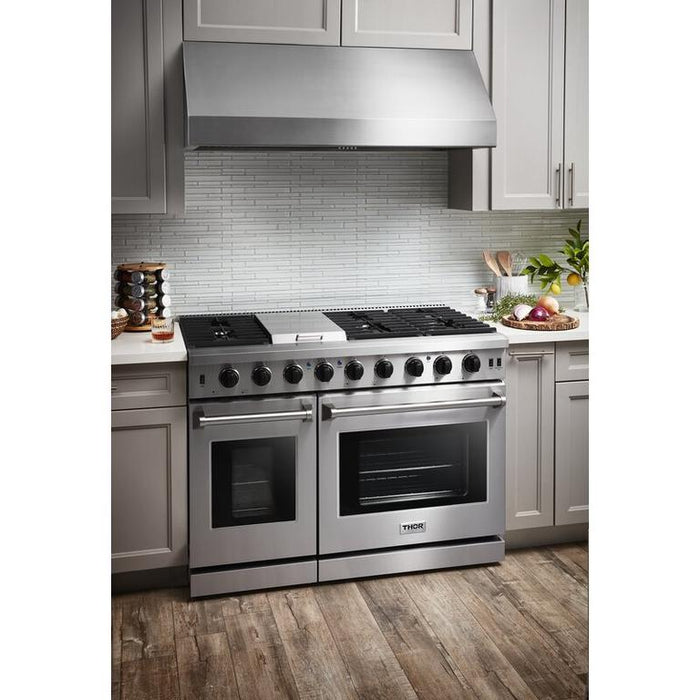 Thor Kitchen Package - 48" Propane Gas Range, Range Hood, Refrigerator, Dishwasher, Wine Cooler, AP-LRG4807ULP-4