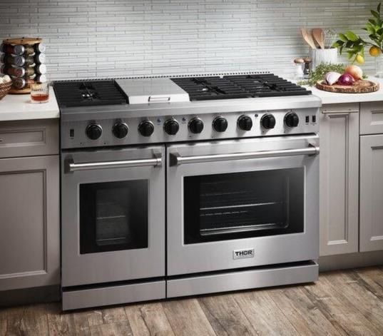 Thor Kitchen Package - 48" Propane Gas Range, Range Hood, Refrigerator, Dishwasher, Wine Cooler, AP-LRG4807ULP-4