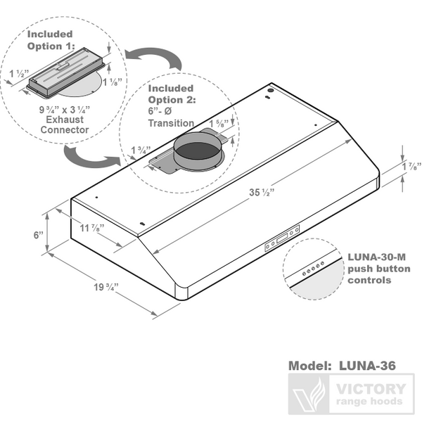 36 Inch 600 CFM Under Cabinet Range Hood - VICTORY Luna