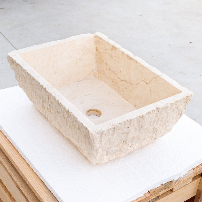 Troia Light Rustic Travertine Rectangular Above Vanity Bathroom Sink Hand Chiseled Exterior