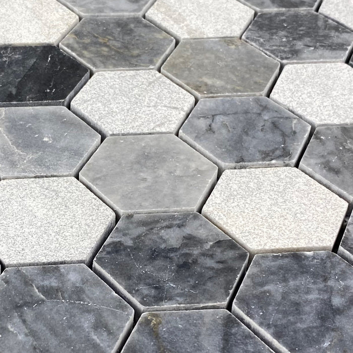 Luna Sky Marble 2" Hexagon Mixed Finish on 12" x 12" Mesh Mosaic Tile - Belair Collection