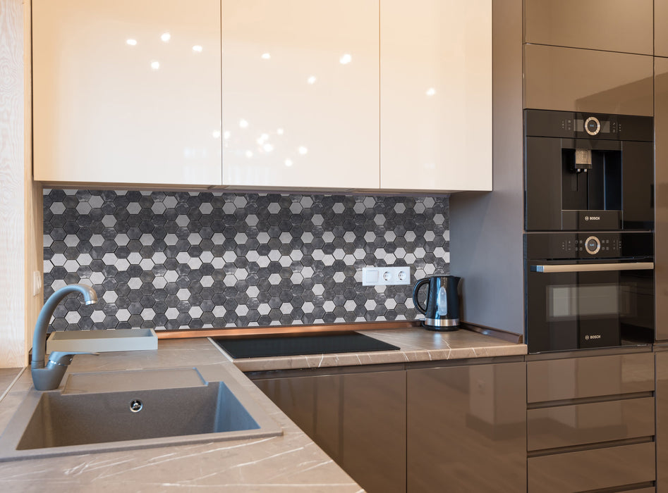 Luna Sky Marble 2" Hexagon Mixed Finish on 12" x 12" Mesh Mosaic Tile - Belair Collection