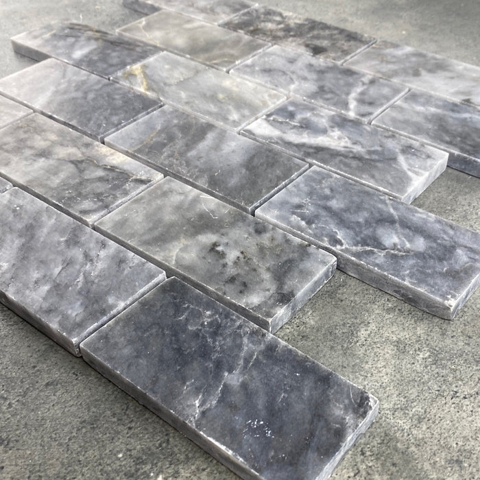 Luna Sky Marble 2"x4" Brick on 12" x 12" Mesh Mosaic Tile - Belair Collection