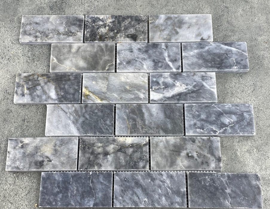 Luna Sky Marble 2"x4" Brick on 12" x 12" Mesh Mosaic Tile - Belair Collection