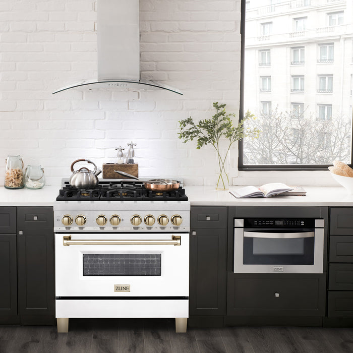 ZLINE Autograph Edition 36 In. Range, Gas Stove and Electric Oven in DuraSnow® Stainless Steel with White Matte Door and Gold Accent, RASZ-WM-36-G