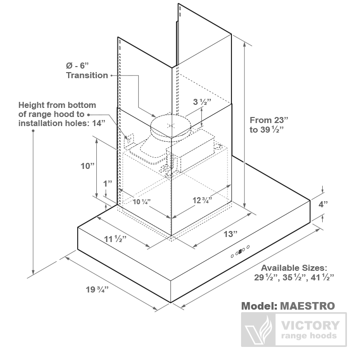 36 Inch 600 CFM Wall Mount Range Hood - VICTORY Maestro