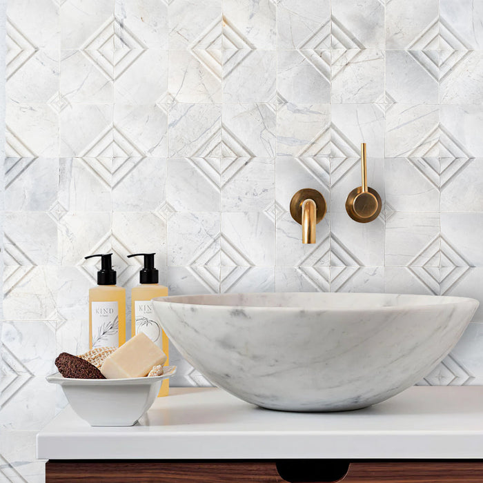 Palia Dolomite White Stella on 12" x 12" Mesh Dimensional Mosaic Tile - Belair Collection