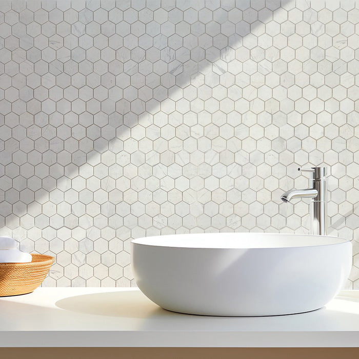 Palia Dolomite White  2" Hexagon Polished on 12" x 12" Mesh Mosaic Tile - Belair Collection