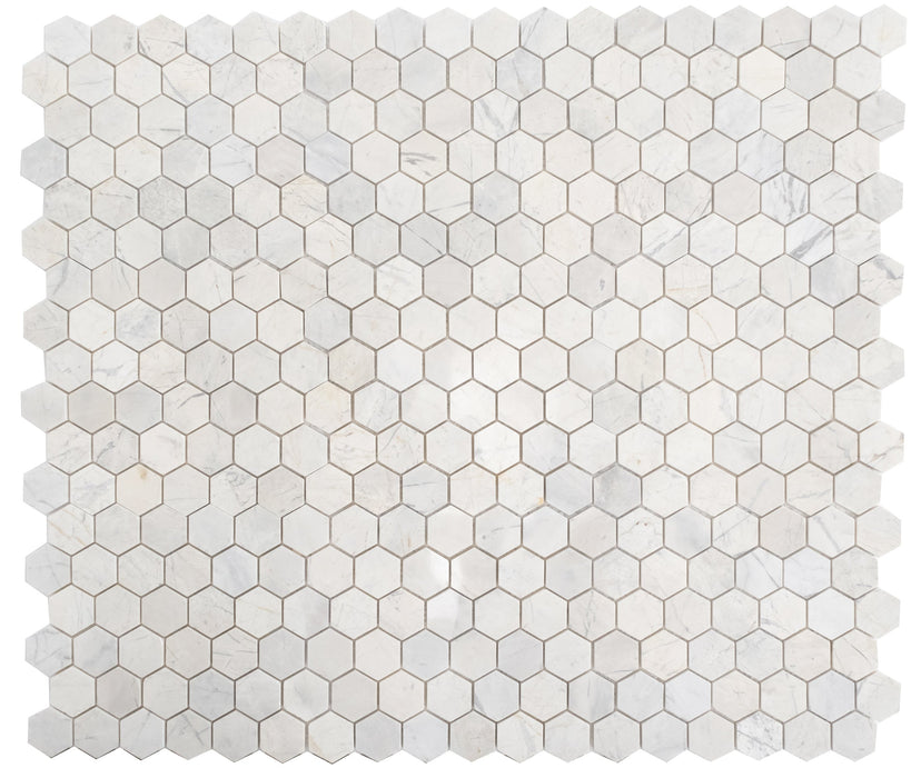 Palia Dolomite White  2" Hexagon Polished on 12" x 12" Mesh Mosaic Tile - Belair Collection