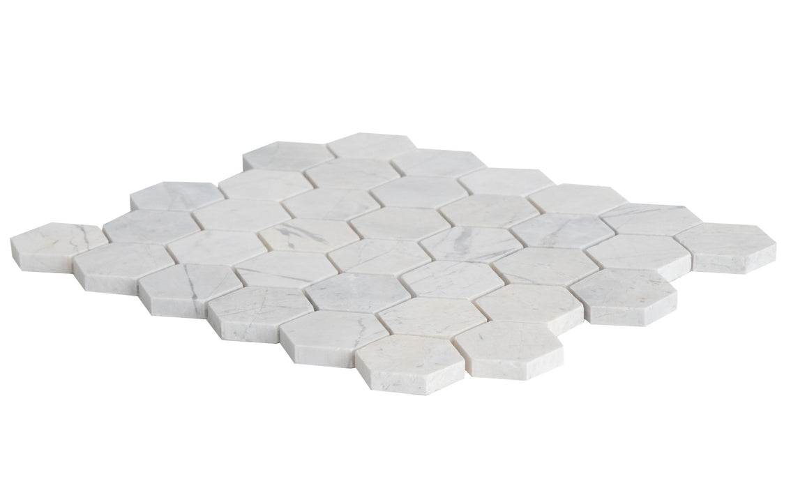 Palia Dolomite White  2" Hexagon Polished on 12" x 12" Mesh Mosaic Tile - Belair Collection