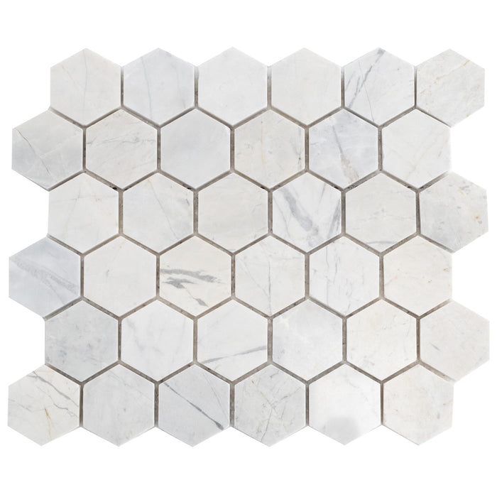 Palia Dolomite White  2" Hexagon Polished on 12" x 12" Mesh Mosaic Tile - Belair Collection