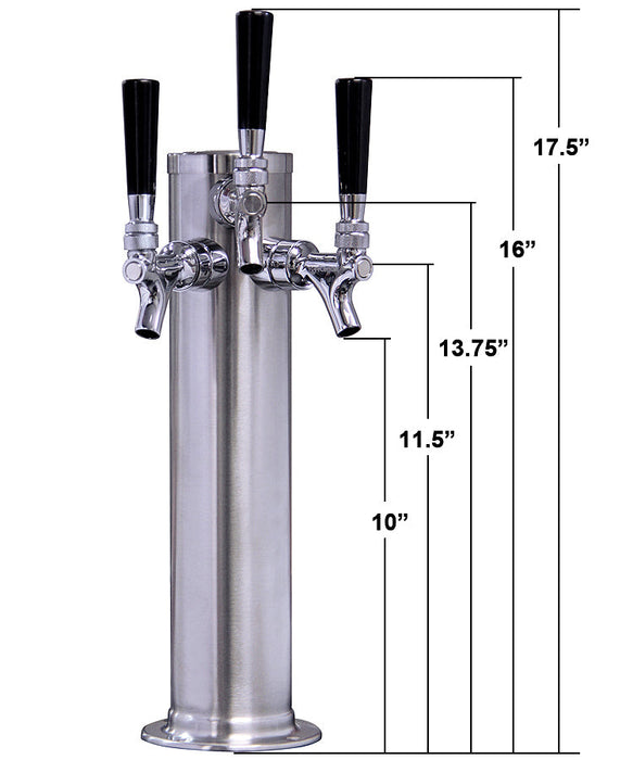 3 Faucet Brushed Stainless Steel Draft Beer Tower - 100% Stainless Steel Contact