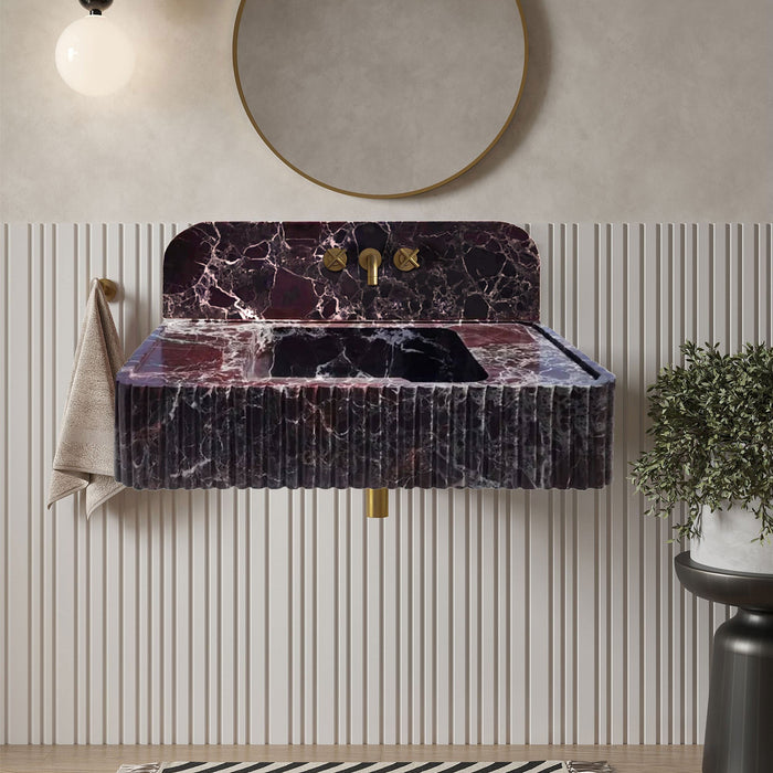 Rosso Levanto Marble Wall-mount Bathroom Sink Fluted Front with 8" Backsplash