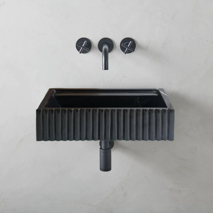 Toros Black Marble Rectangular Wall-mount Bathroom Sink Fluted (W)16" (L)24" (H)7"