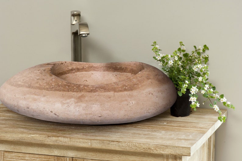 Noce Travertine Natural Stone Kayak Design Above Vanity Bathroom Vessel Sink (W)16" (L)23" (H)6"