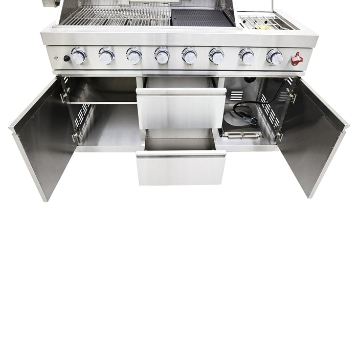 FORNO Bulnes 40-Inch BBQ, 95,000 BTU, 5 Burners, Sear & Rotisserie Infrared with Side Burner, Stainless Steel Outdoor Kitchen with 1.8 cu.ft. Beverage Center & White Sintered Stone Countertops
