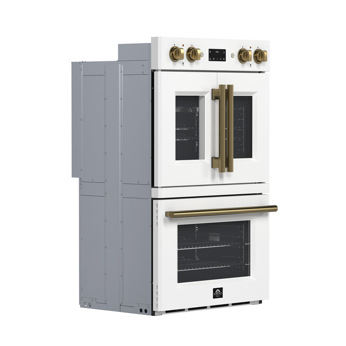 Forno Asti 30-Inch Double Electric Wall Oven with Upper French Doors in White & Antique Brass, 7.36 cu. ft. Dual True Convection, 7,200W, Air Fry, Sous Vide, Self-Clean