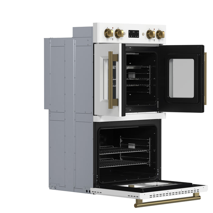 Forno Asti 30-Inch Double Electric Wall Oven with Upper French Doors in White & Antique Brass, 7.36 cu. ft. Dual True Convection, 7,200W, Air Fry, Sous Vide, Self-Clean