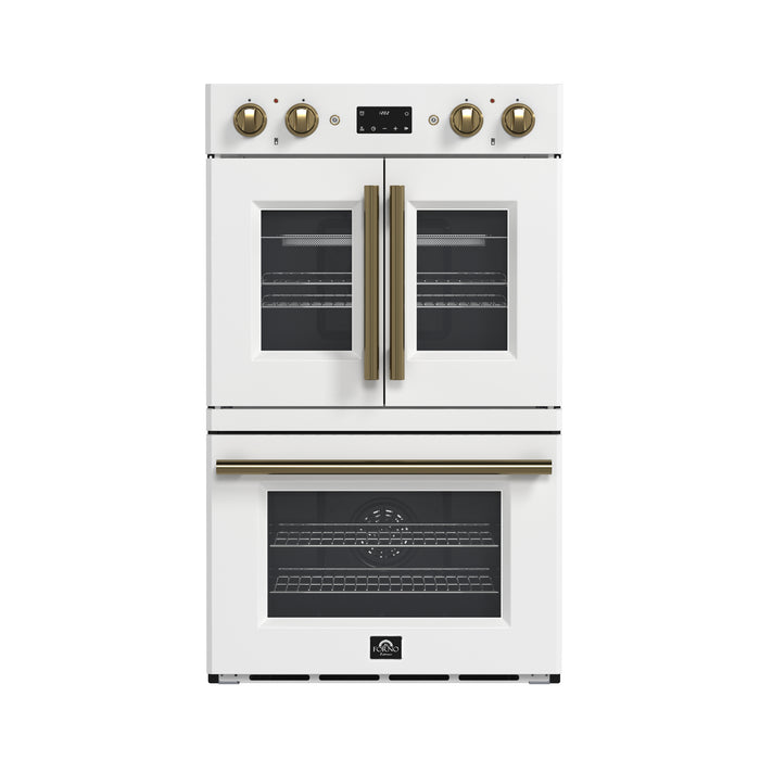 Forno Asti 30-Inch Double Electric Wall Oven with Upper French Doors in White & Antique Brass, 7.36 cu. ft. Dual True Convection, 7,200W, Air Fry, Sous Vide, Self-Clean