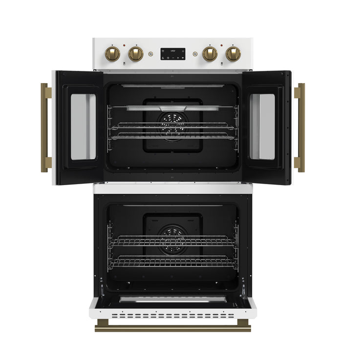 Forno Asti 30-Inch Double Electric Wall Oven with Upper French Doors in White & Antique Brass, 7.36 cu. ft. Dual True Convection, 7,200W, Air Fry, Sous Vide, Self-Clean