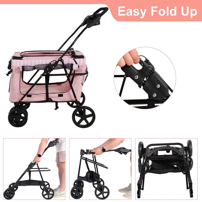 3-in-1 Folding Travel Pet Carrier Dog Cat Stroller with Water Cup Holder, Pink