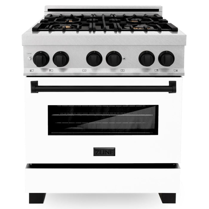 ZLINE Autograph Edition 30 in. 4.0 cu. ft. Range, Gas Stove/Electric Oven in DuraSnow® with White Matte Door, Matte Black Accents, RASZ-WM-30-MB