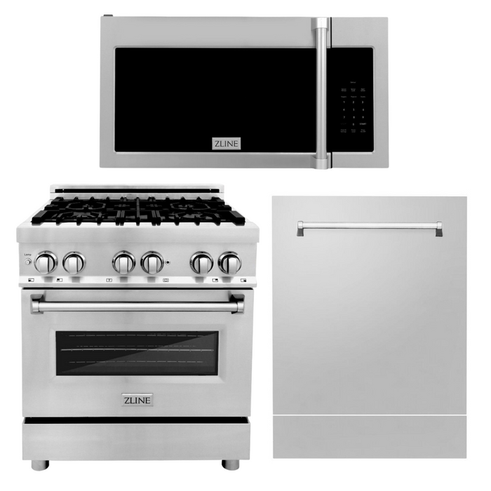 ZLINE Package - 30" Dual Fuel Range, Over The Range Microwave, Dishwasher