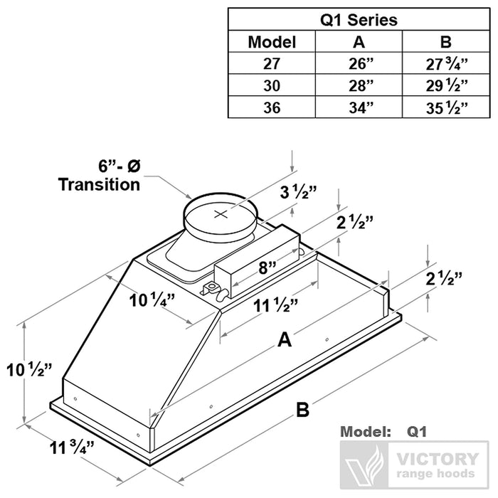 36 Inch 600 CFM Range Hood Insert - VICTORY Q1 (2024 Model)