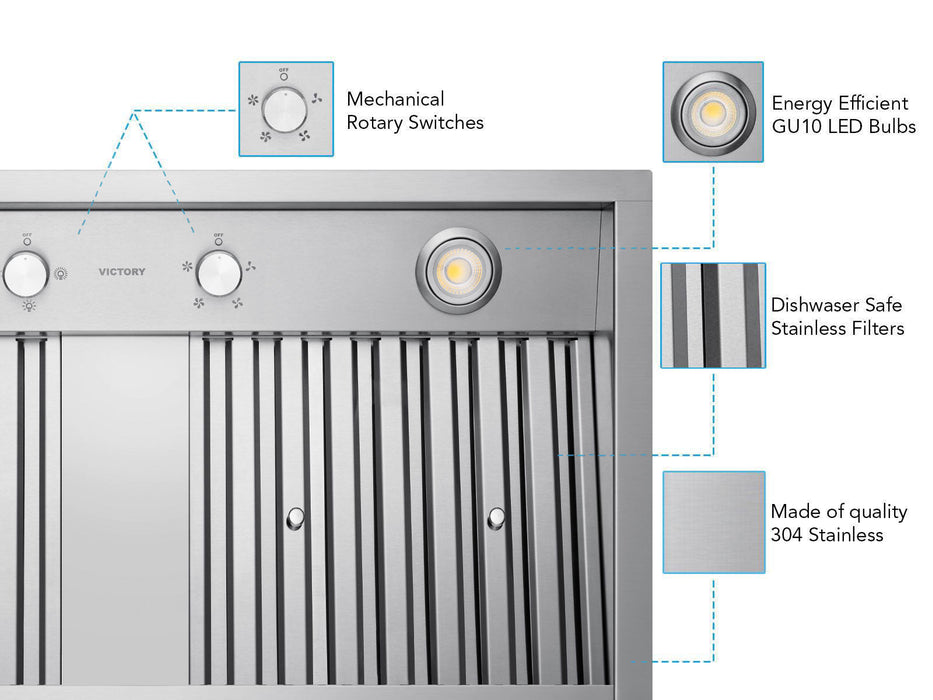 36 Inch Range Hood Insert with 450/600 CFM Remote Blower - VICTORY Q2