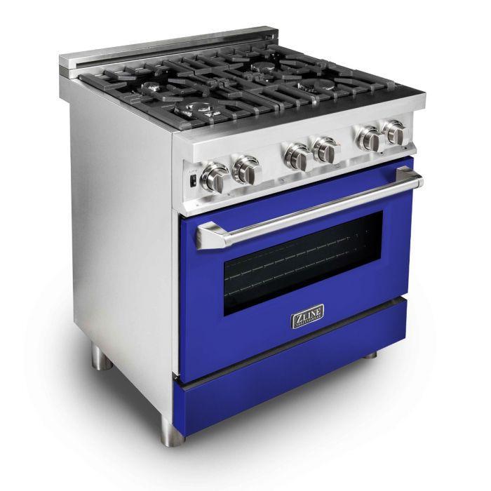 ZLINE 30 in. Dual Fuel Range with Blue Matte Door & 30 in. Range Hood Appliance Package, 2KP-RABMRH30