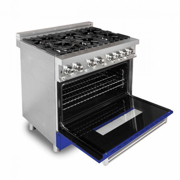 ZLINE Kitchen and Bath 36 in. Dual Fuel Range with Blue Matte Doors & 36 in. Range Hood Appliance Package, 2KP-RABMRH36