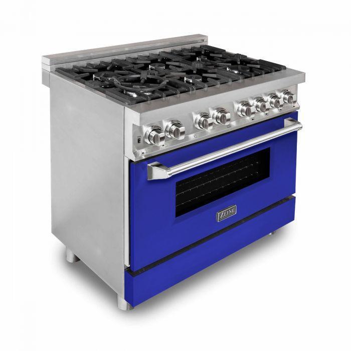 ZLINE Kitchen and Bath 36 in. Dual Fuel Range with Blue Matte Doors & 36 in. Range Hood Appliance Package, 2KP-RABMRH36