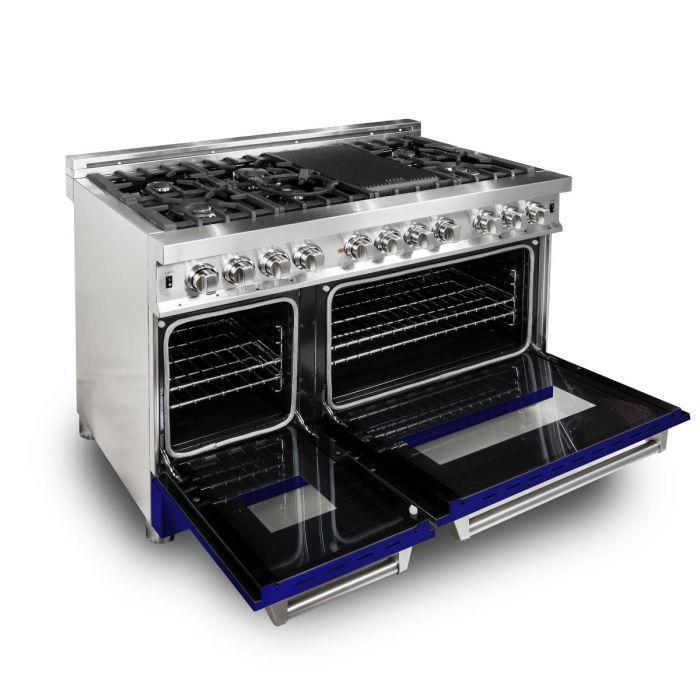 ZLINE 48 in. Dual Fuel Range with Blue Matte Door & 48 in. Range Hood Appliance Package, 2KP-RABMRH48