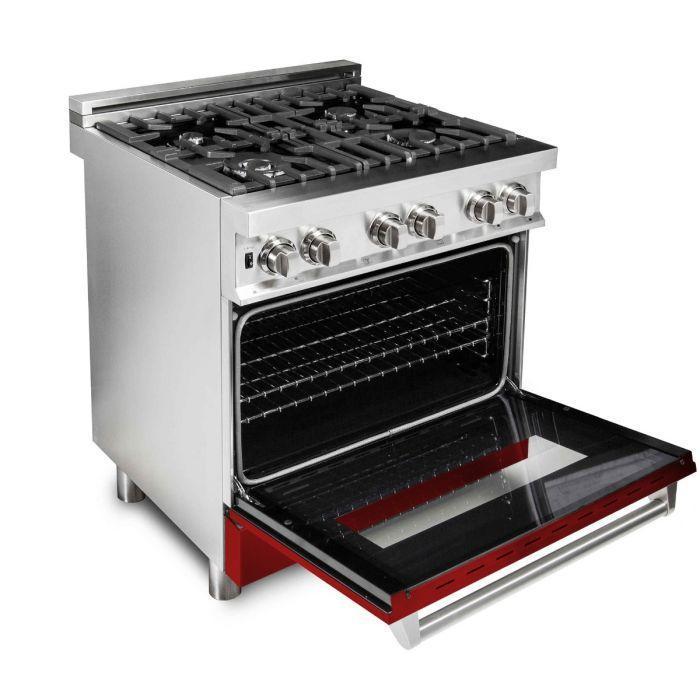 ZLINE 30 in. Dual Fuel Range with Red Gloss Door & 30 in. Range Hood Appliance Package, 2KP-RARGRH30