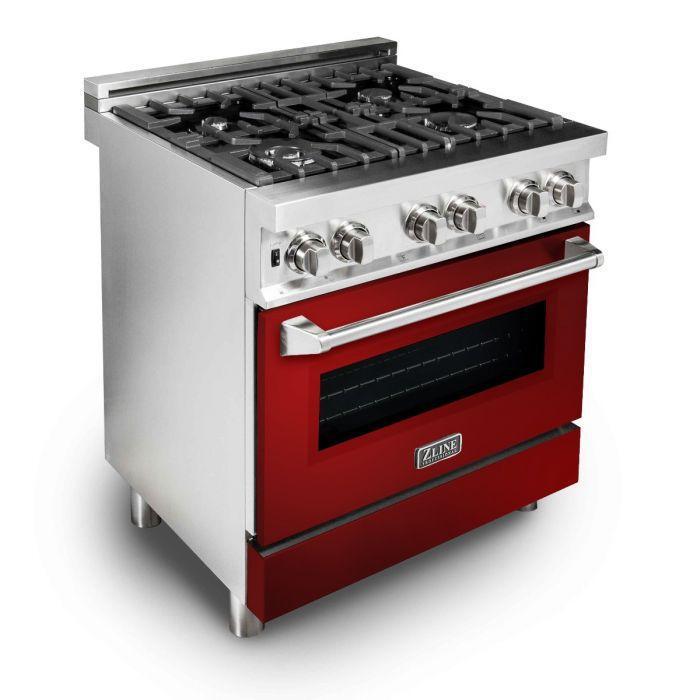 ZLINE 30 in. Dual Fuel Range with Red Gloss Door & 30 in. Range Hood Appliance Package, 2KP-RARGRH30