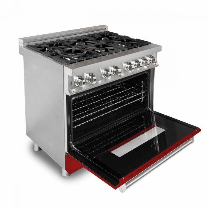 ZLINE 36 in. Dual Fuel Range with Red Gloss Door & 36 in. Range Hood Appliance Package, 2KP-RARGRH36