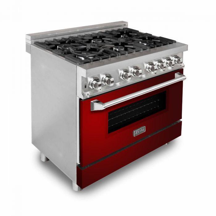 ZLINE 36 in. Dual Fuel Range with Red Gloss Door & 36 in. Range Hood Appliance Package, 2KP-RARGRH36