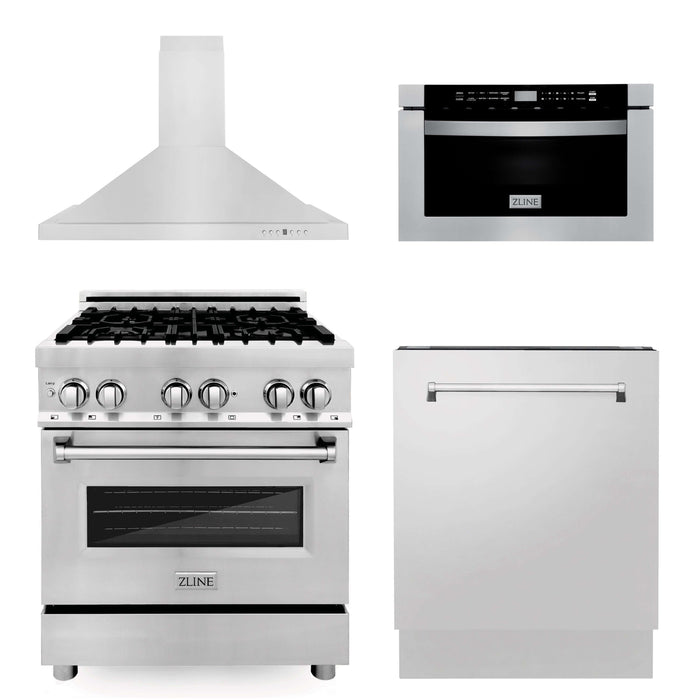 ZLINE 30 in. Kitchen Package with Stainless Steel Dual Fuel Range, Range Hood, Microwave Drawer and Classic Dishwasher (4KP-RARH30-MWDW)