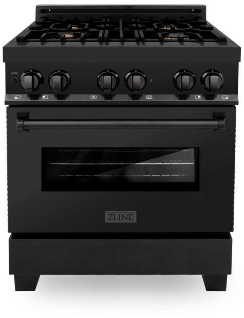 ZLINE Appliance Package - 30" Dual Fuel Range, Range Hood, Microwave, Dishwasher, Refrigerator in Black Stainless