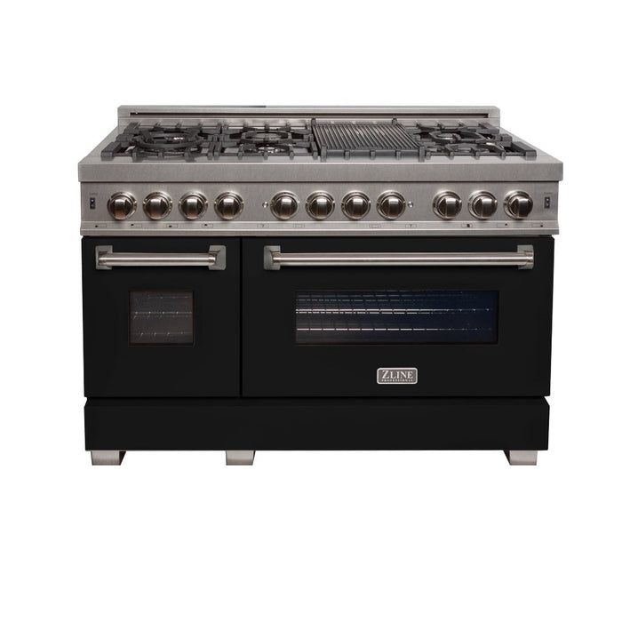 ZLINE 48 in. 6.0 cu. ft. Legacy Dual Fuel Range with 7 Burner Gas Cooktop and 2 Electric Ovens in DuraSnow® Stainless Steel and Black Matte Doors (RAS-BLM-48)