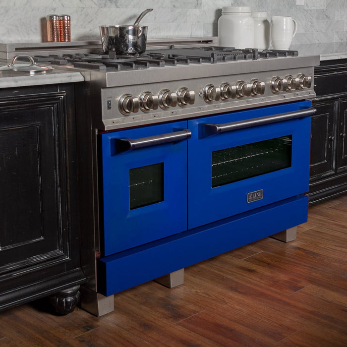 ZLINE 48 in. 6.0 cu. ft. Legacy Dual Fuel Range with 7 Burner Gas Cooktop and 2 Electric Ovens in DuraSnow® Stainless Steel and Blue Matte Doors (RAS-BM-48)