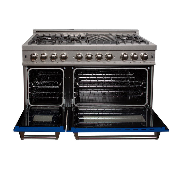 ZLINE 48 in. 6.0 cu. ft. Legacy Dual Fuel Range with 7 Burner Gas Cooktop and 2 Electric Ovens in DuraSnow® Stainless Steel and Blue Matte Doors (RAS-BM-48)