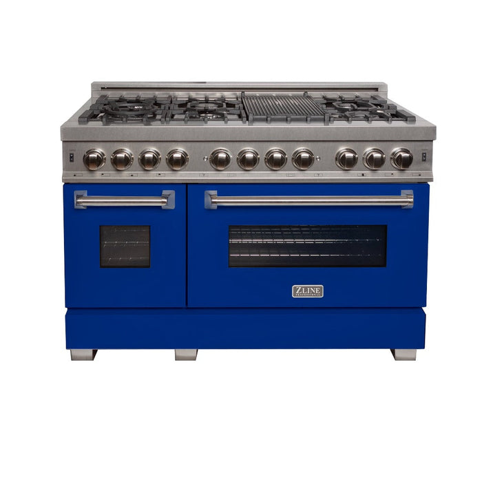 ZLINE 48 in. 6.0 cu. ft. Legacy Dual Fuel Range with 7 Burner Gas Cooktop and 2 Electric Ovens in DuraSnow® Stainless Steel and Blue Matte Doors (RAS-BM-48)