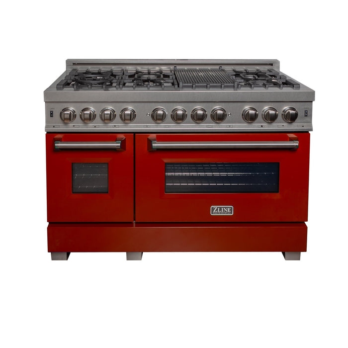 ZLINE 48 in. 6.0 cu. ft. Legacy Dual Fuel Range with 7 Burner Gas Cooktop and 2 Electric Ovens in DuraSnow® Stainless Steel and Red Gloss Doors (RAS-RG-48)