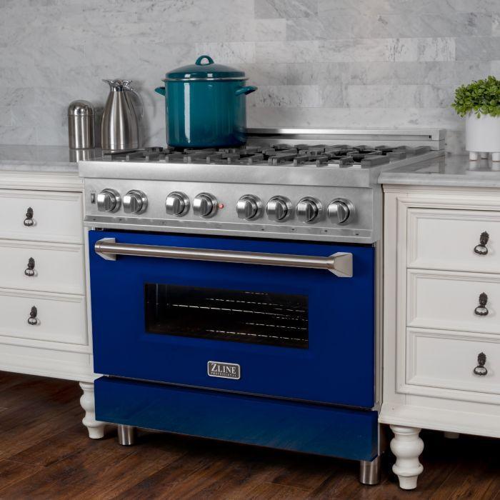 ZLINE 36" Dual Fuel Range in DuraSnow® with Blue Gloss Door & 36" Range Hood Appliance Package, 2KP-RASBGRH36