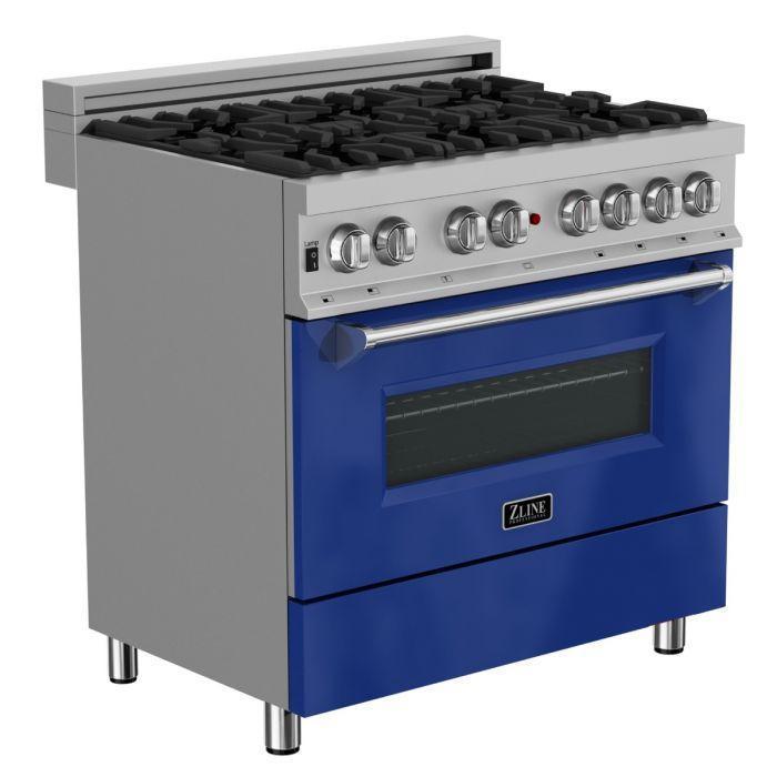 ZLINE 36" Dual Fuel Range in DuraSnow® with Blue Gloss Door & 36" Range Hood Appliance Package, 2KP-RASBGRH36