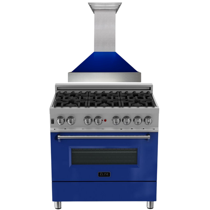 ZLINE 36" Dual Fuel Range in DuraSnow® with Blue Gloss Door & 36" Range Hood Appliance Package, 2KP-RASBGRH36